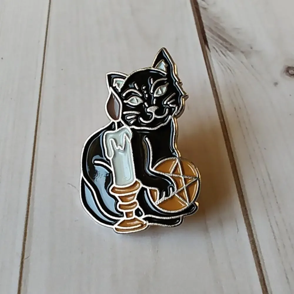 Black Cat Candle Pin Gothic Witchy Halloween Occult Cat Lapel Pin